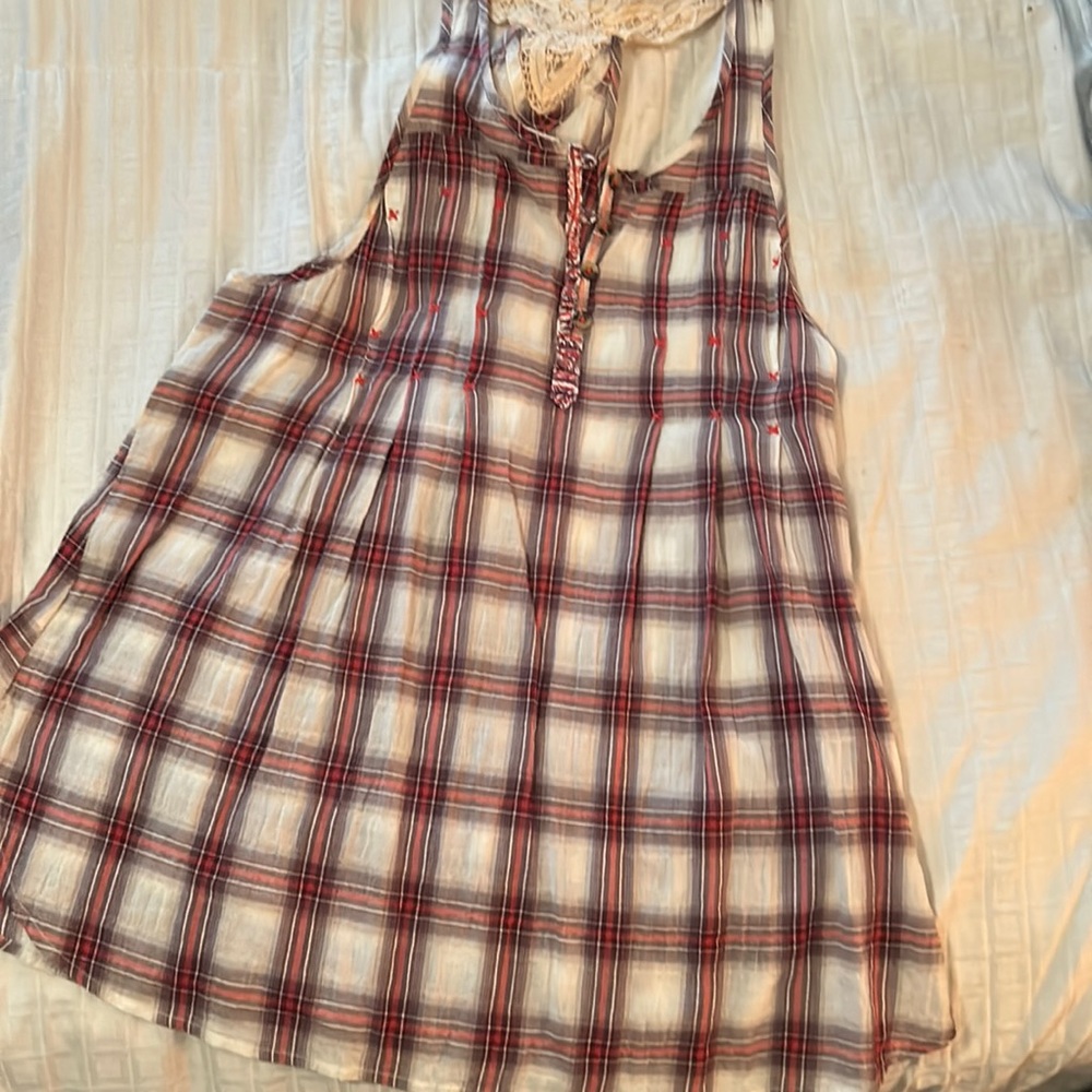 Free people lace embellished plaid cotton tank!!